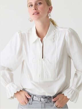 J. Crew White Pintuck Tie-Neck Blouse